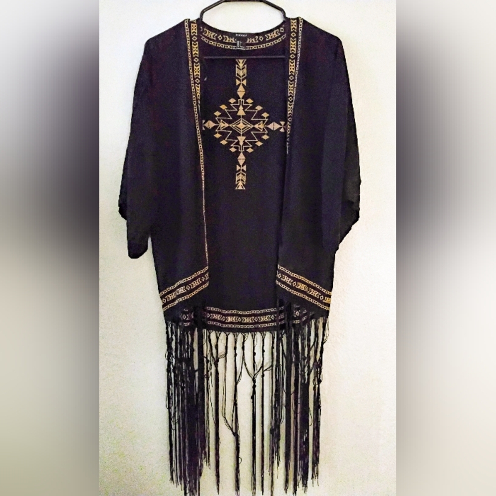 Forever 21 Black Fringe Kimono